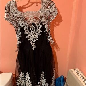 SHEIN Black Dress with White Lace Overlay